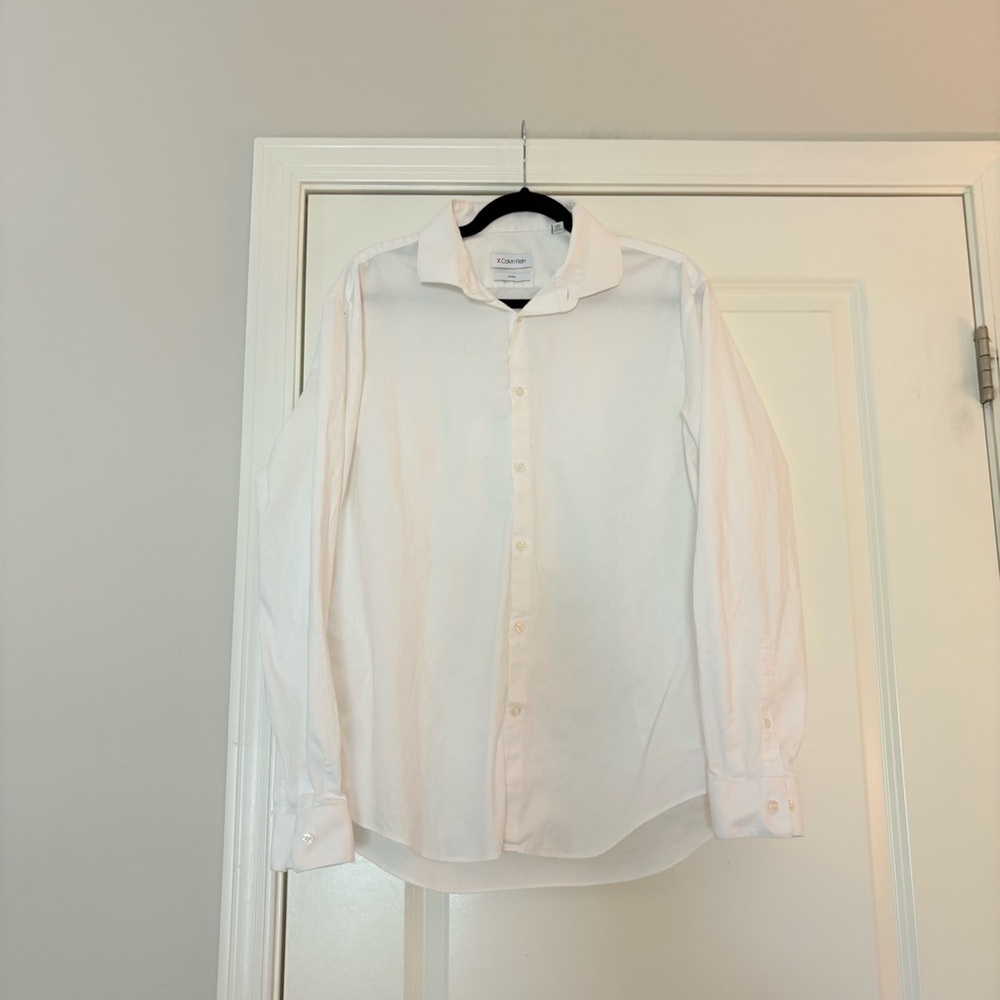 Calvin Klein Men’s White Refined Cotton Stretch Slim Fit Dress Shirt - Picture 2 of 14